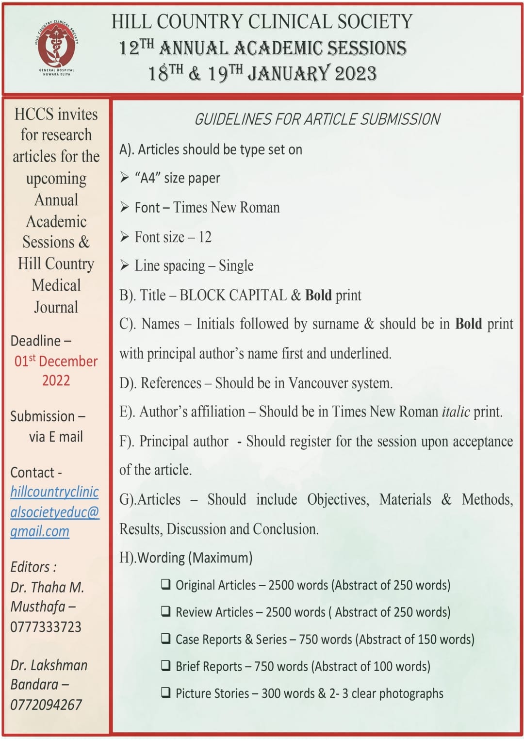 Instructions to authors on submission of articles for The Annual Academic Sessions & Hill Country Medical Journal
